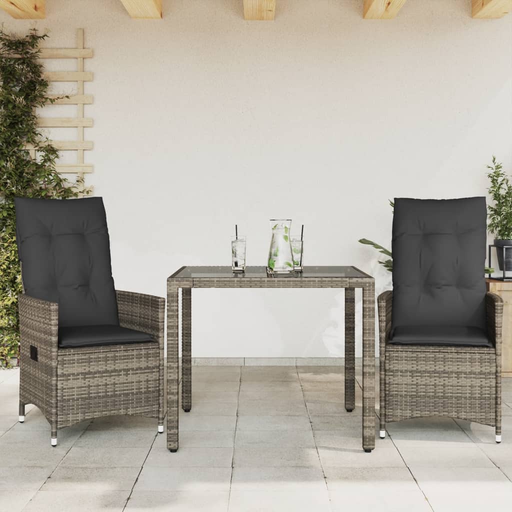 3 Piece Bistro Set with Cushions Grey Poly Rattan