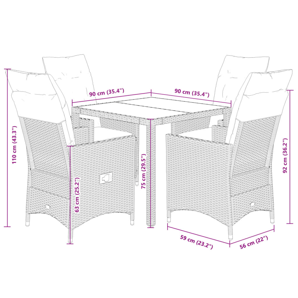 5 Piece Garden Dining Set with Cushions Grey Poly Rattan