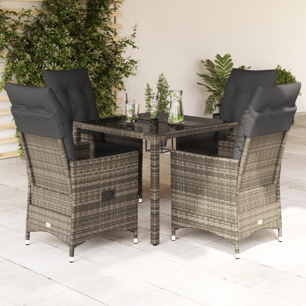 5 Piece Garden Dining Set with Cushions Grey Poly Rattan