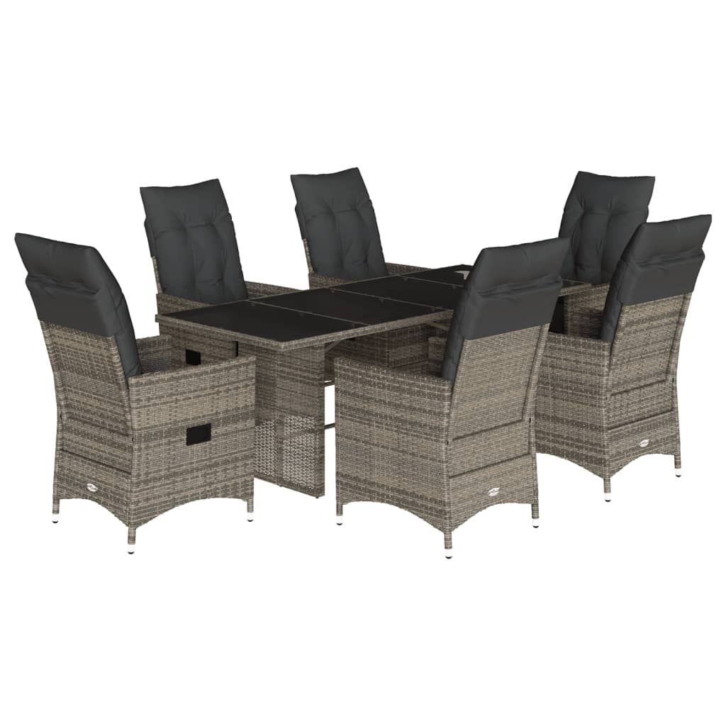 7 Piece Garden Dining Set with Cushions Grey Poly Rattan