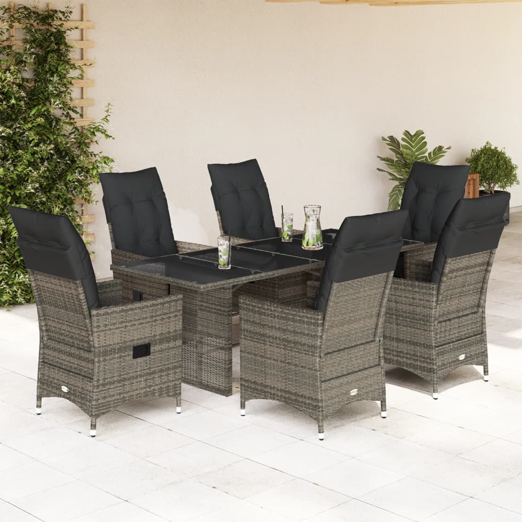 7 Piece Garden Dining Set with Cushions Grey Poly Rattan