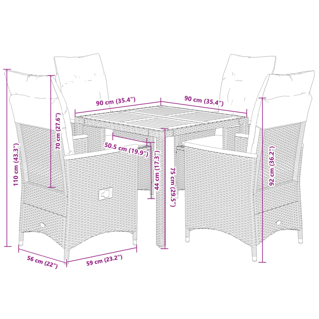 5 Piece Garden Dining Set with Cushions Black Poly Rattan