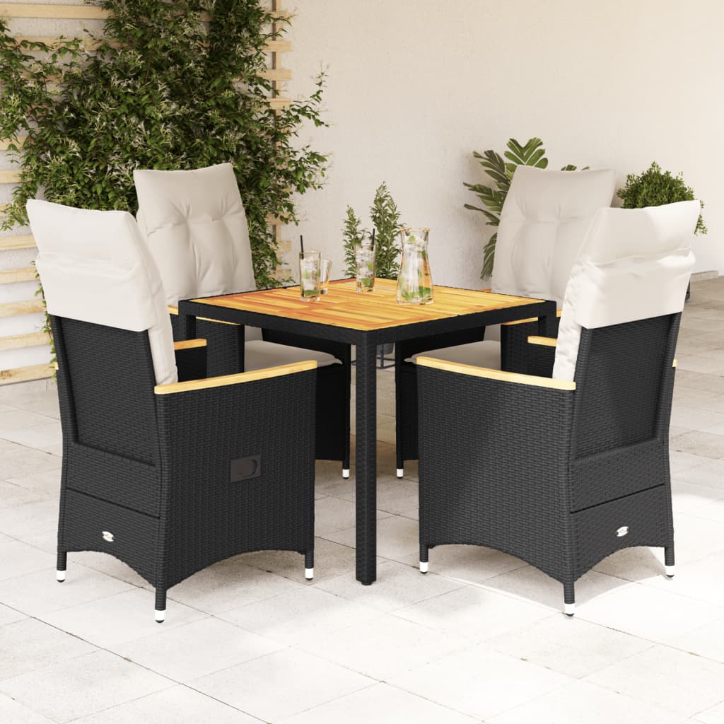 5 Piece Garden Dining Set with Cushions Black Poly Rattan