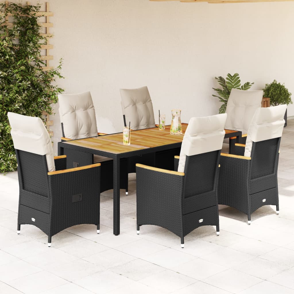 7 Piece Garden Dining Set with Cushions Black Poly Rattan