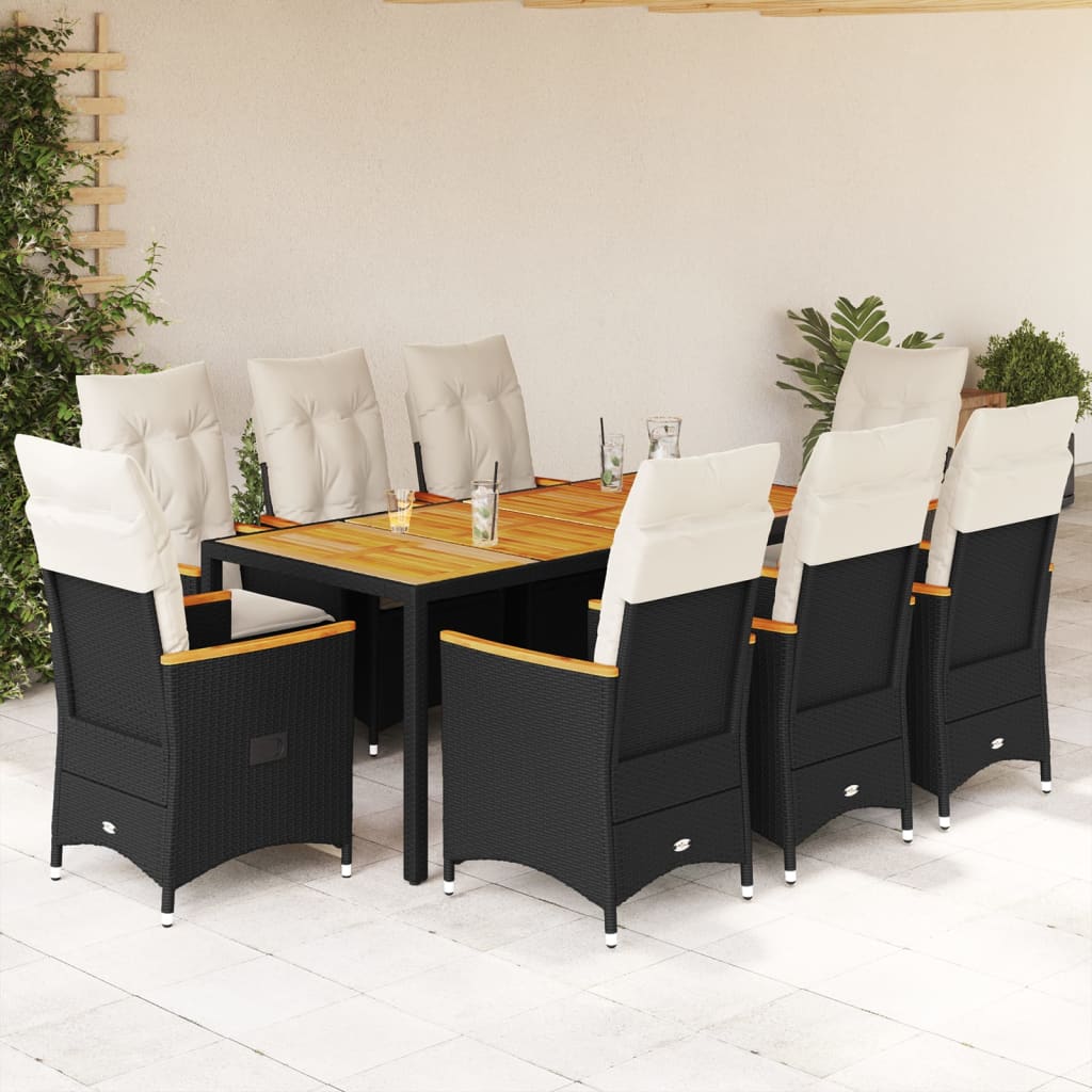 9 Piece Garden Dining Set with Cushions Black Poly Rattan