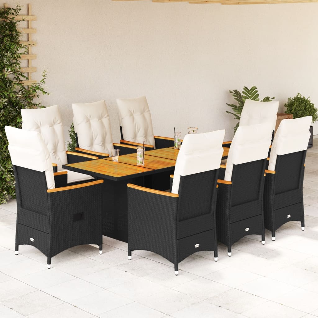 9 Piece Garden Dining Set with Cushions Black Poly Rattan