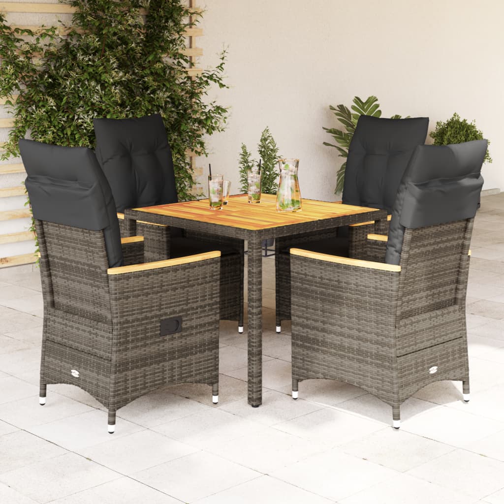 5 Piece Garden Dining Set with Cushions Grey Poly Rattan