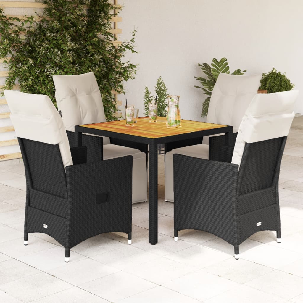 5 Piece Garden Dining Set with Cushions Black Poly Rattan