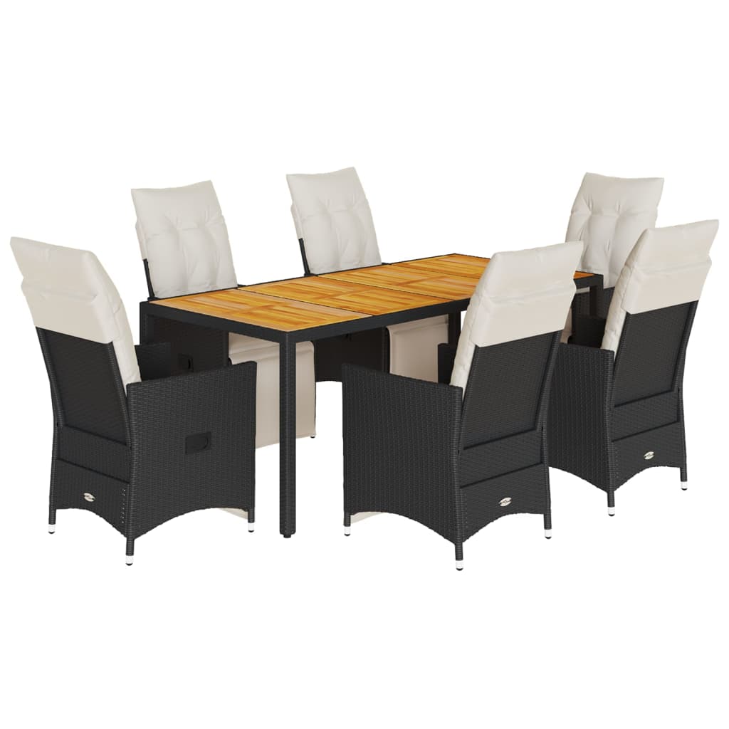 7 Piece Garden Dining Set with Cushions Black Poly Rattan