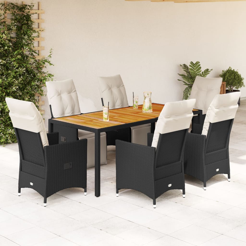 7 Piece Garden Dining Set with Cushions Black Poly Rattan