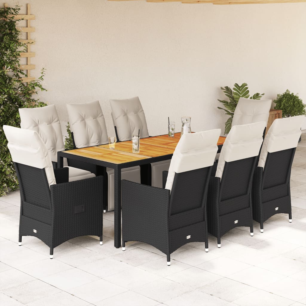 9 Piece Garden Dining Set with Cushions Black Poly Rattan