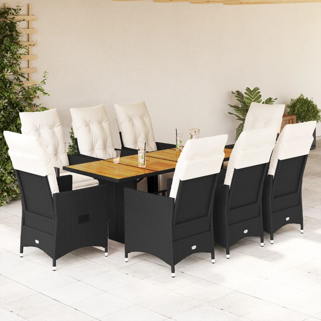 9 Piece Garden Dining Set with Cushions Black Poly Rattan