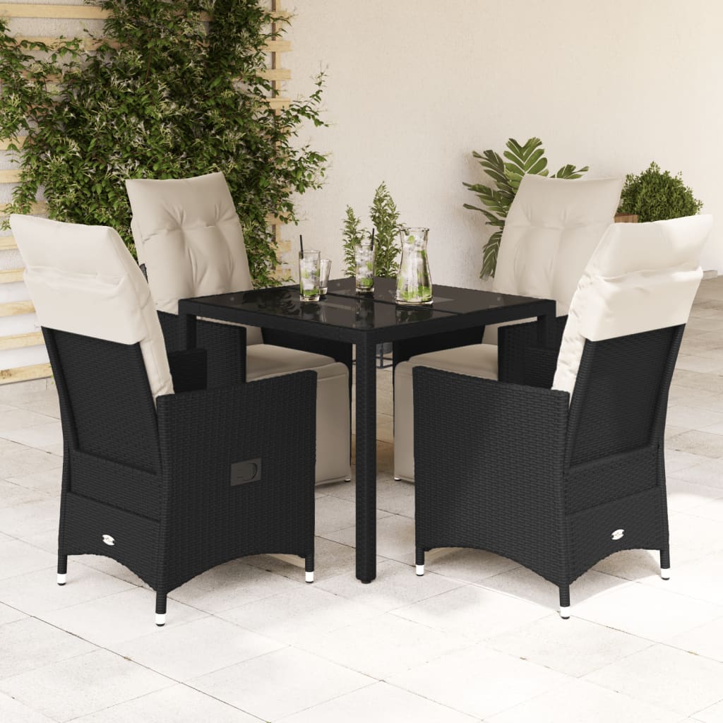 5 Piece Garden Dining Set with Cushions Black Poly Rattan