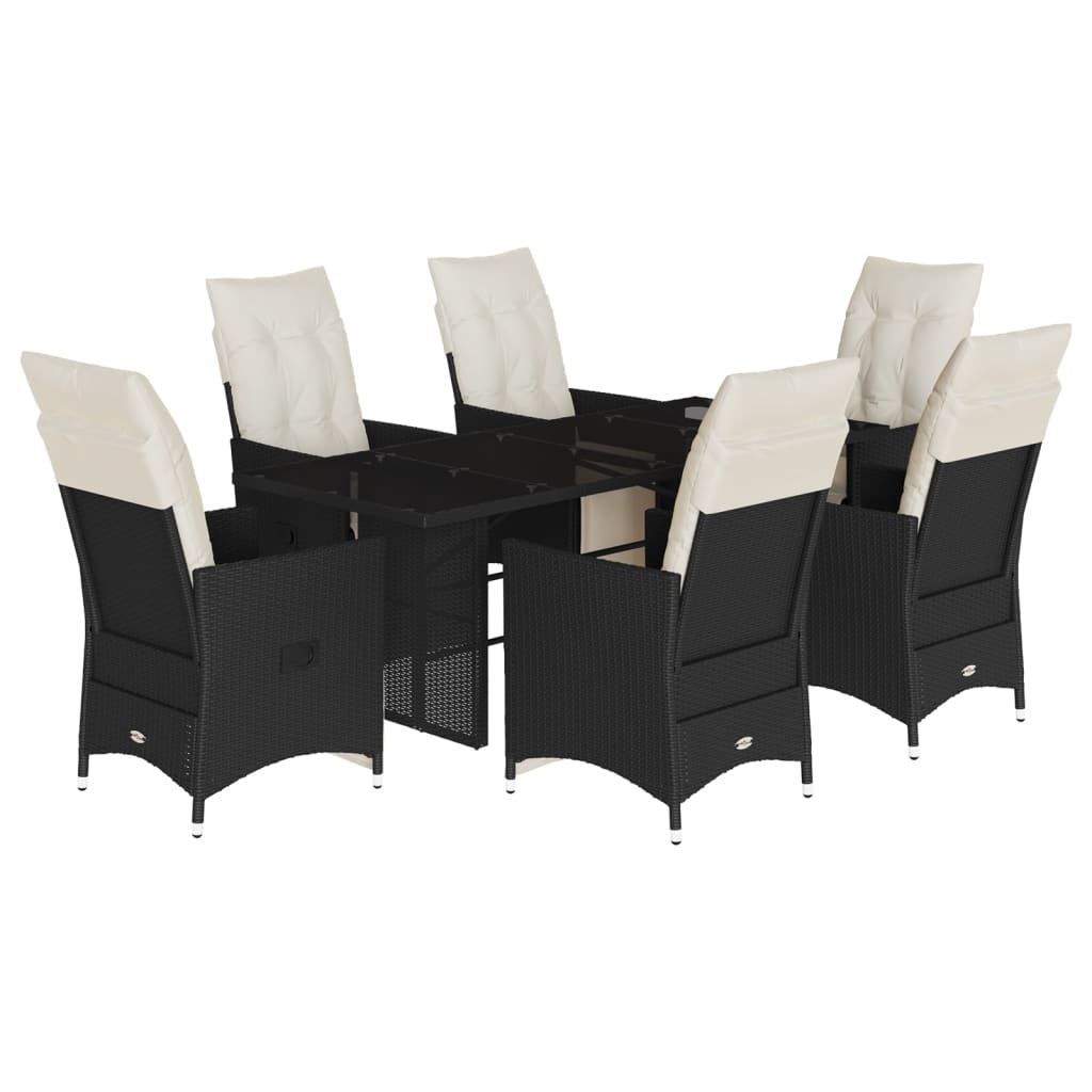 7 Piece Garden Dining Set with Cushions Black Poly Rattan