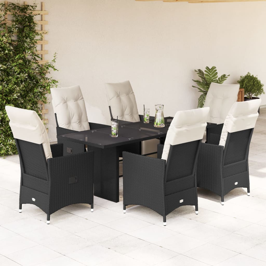 7 Piece Garden Dining Set with Cushions Black Poly Rattan