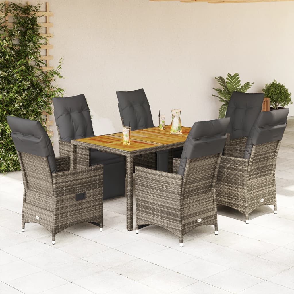 7 Piece Garden Bistro Set with Cushions Grey Poly Rattan