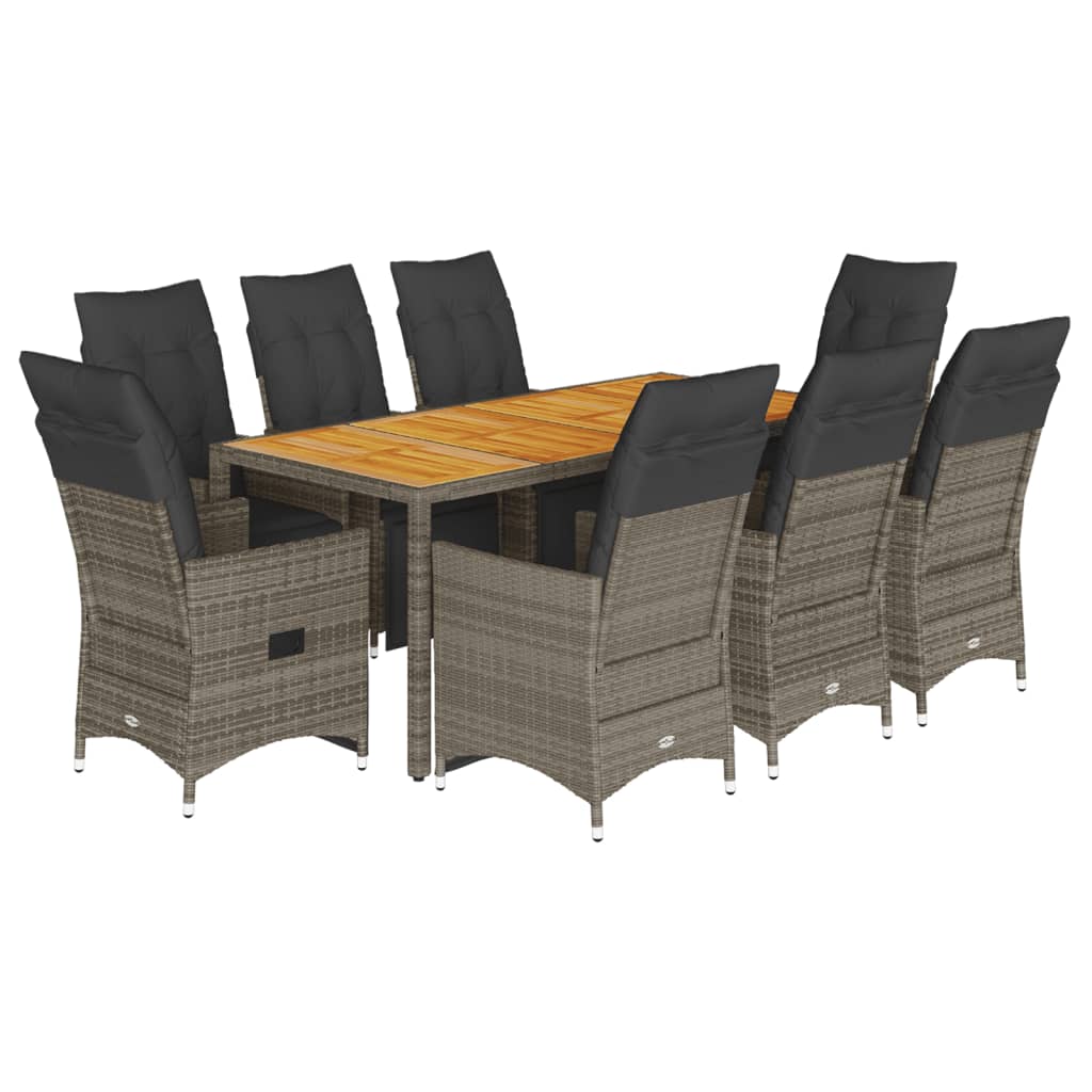 9 Piece Garden Bistro Set with Cushions Grey Poly Rattan