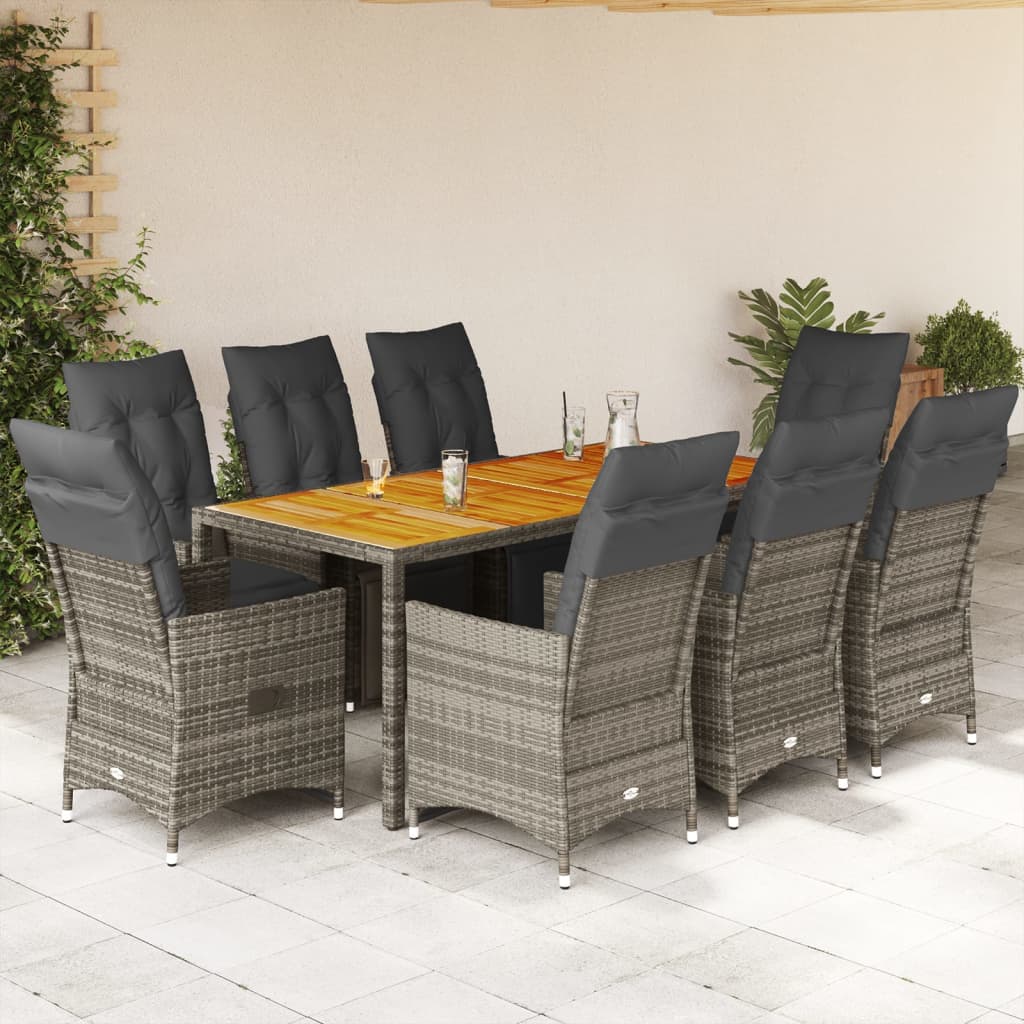 9 Piece Garden Bistro Set with Cushions Grey Poly Rattan