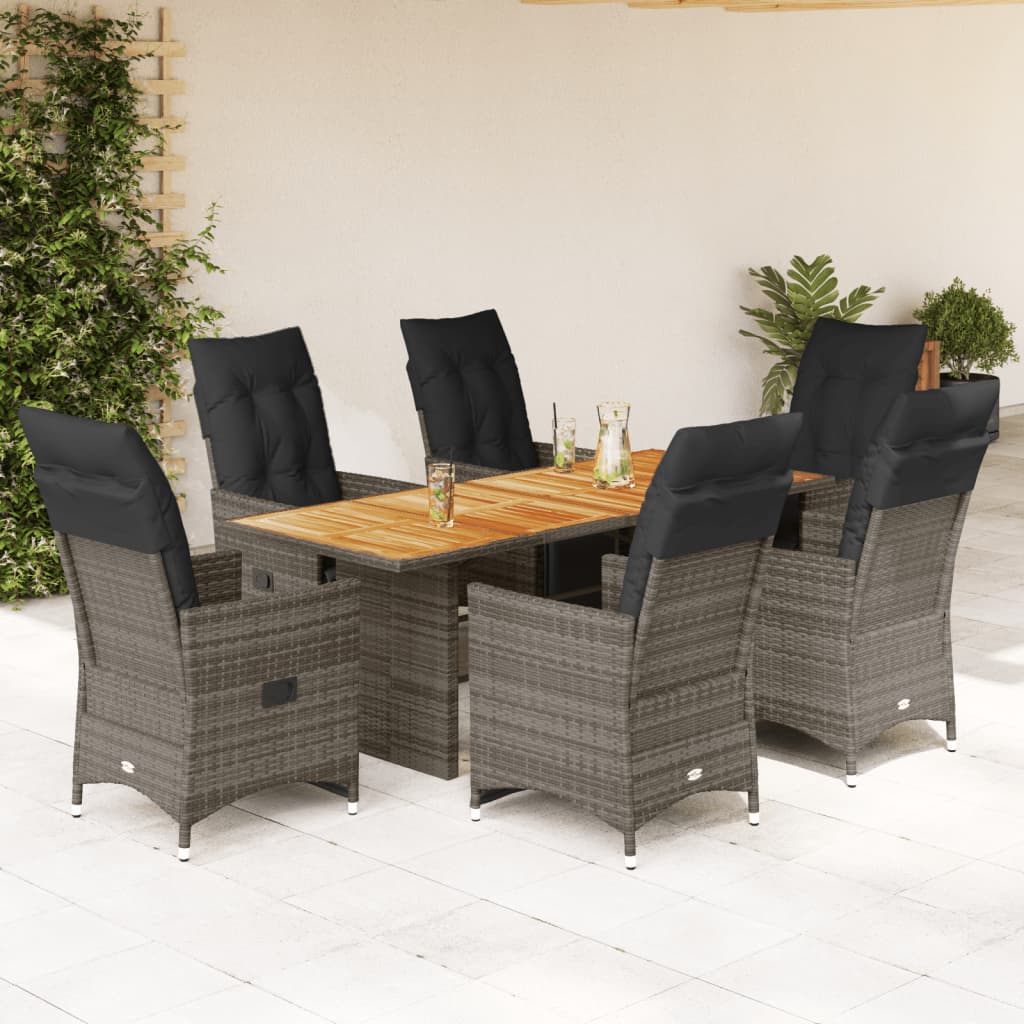 7 Piece Garden Bistro Set with Cushions Grey Poly Rattan