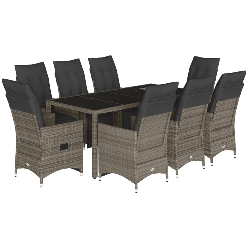 9 Piece Garden Bistro Set with Cushions Grey Poly Rattan