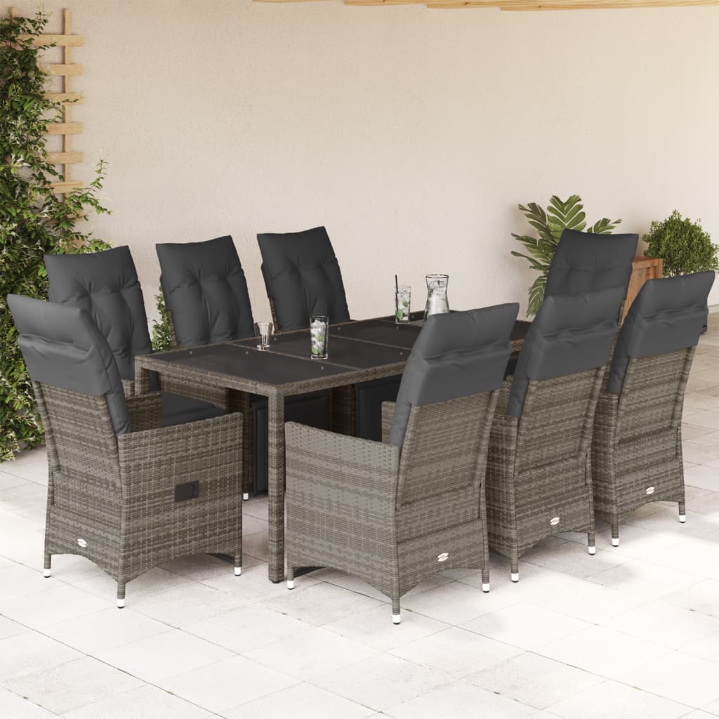 9 Piece Garden Bistro Set with Cushions Grey Poly Rattan