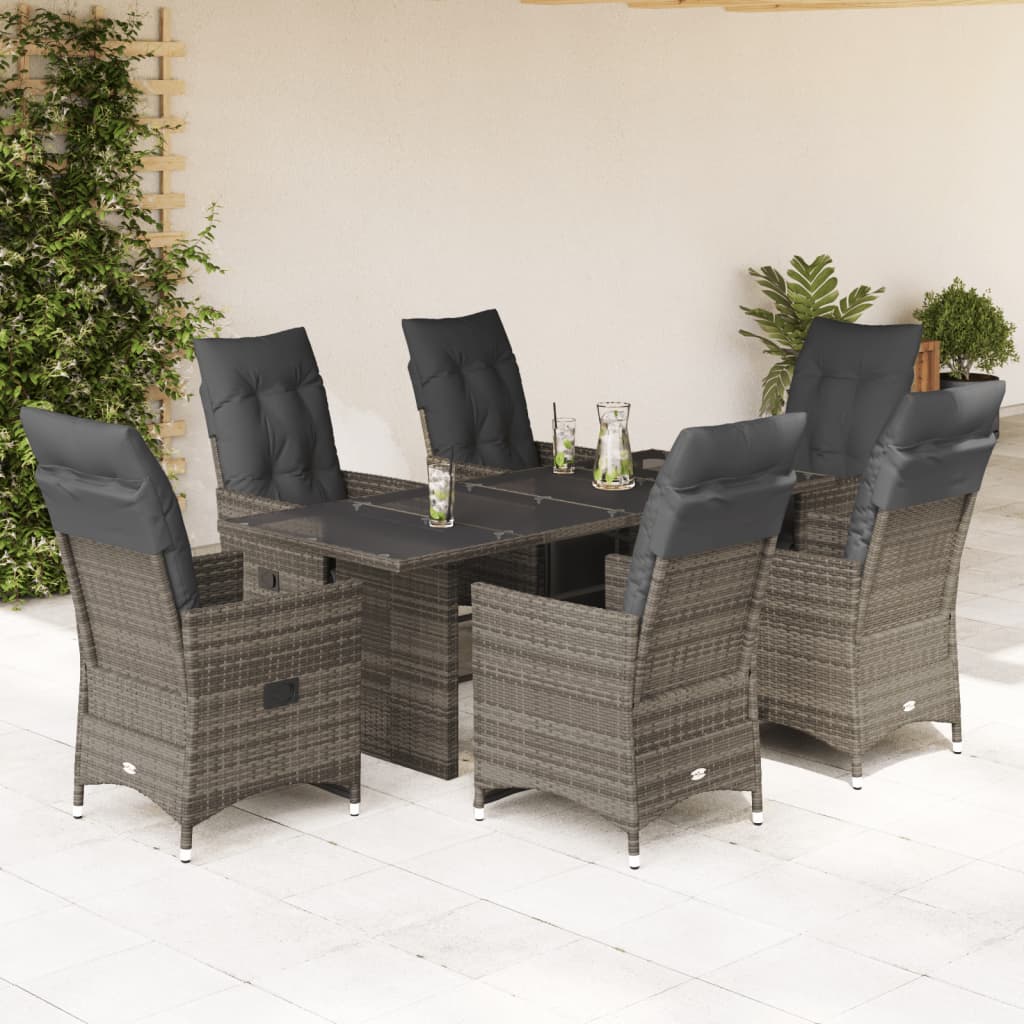 7 Piece Garden Bistro Set with Cushions Grey Poly Rattan