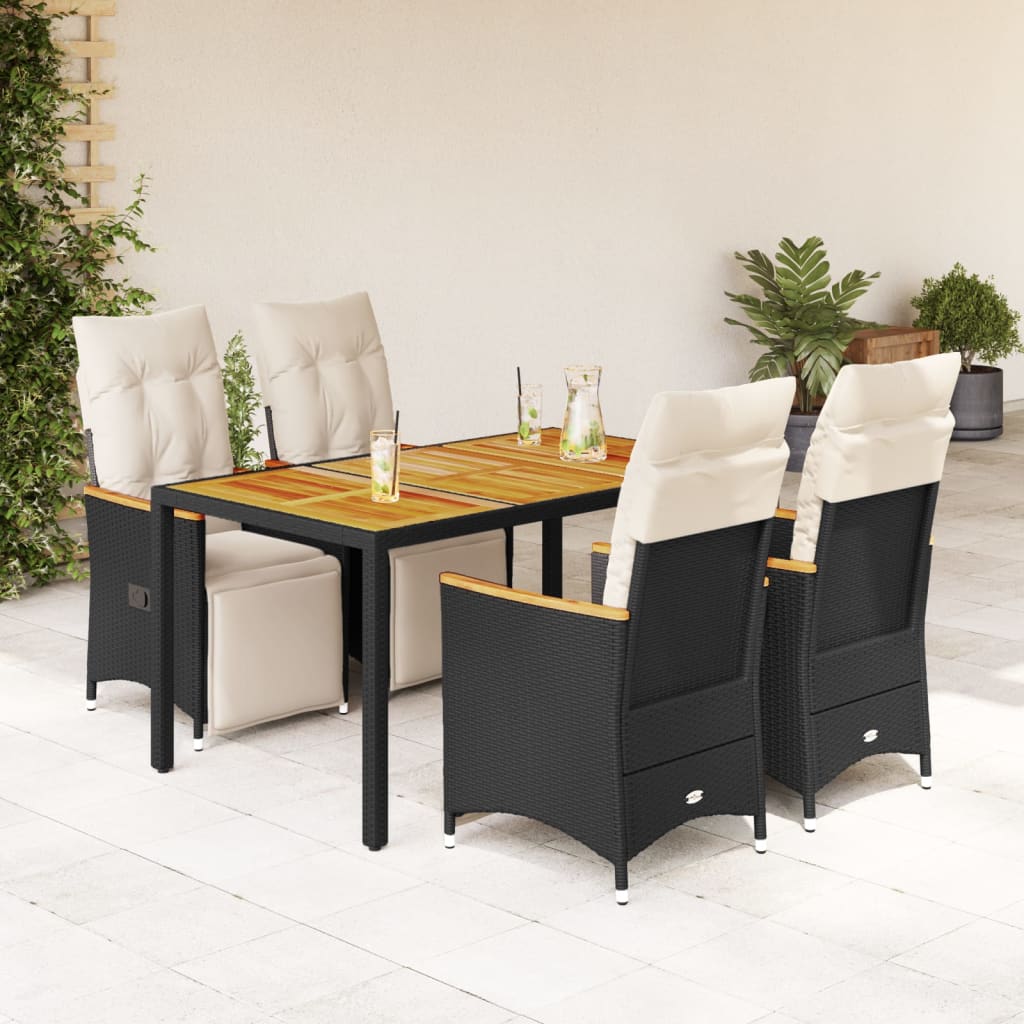 5 Piece Garden Bistro Set with Cushions Black Poly Rattan