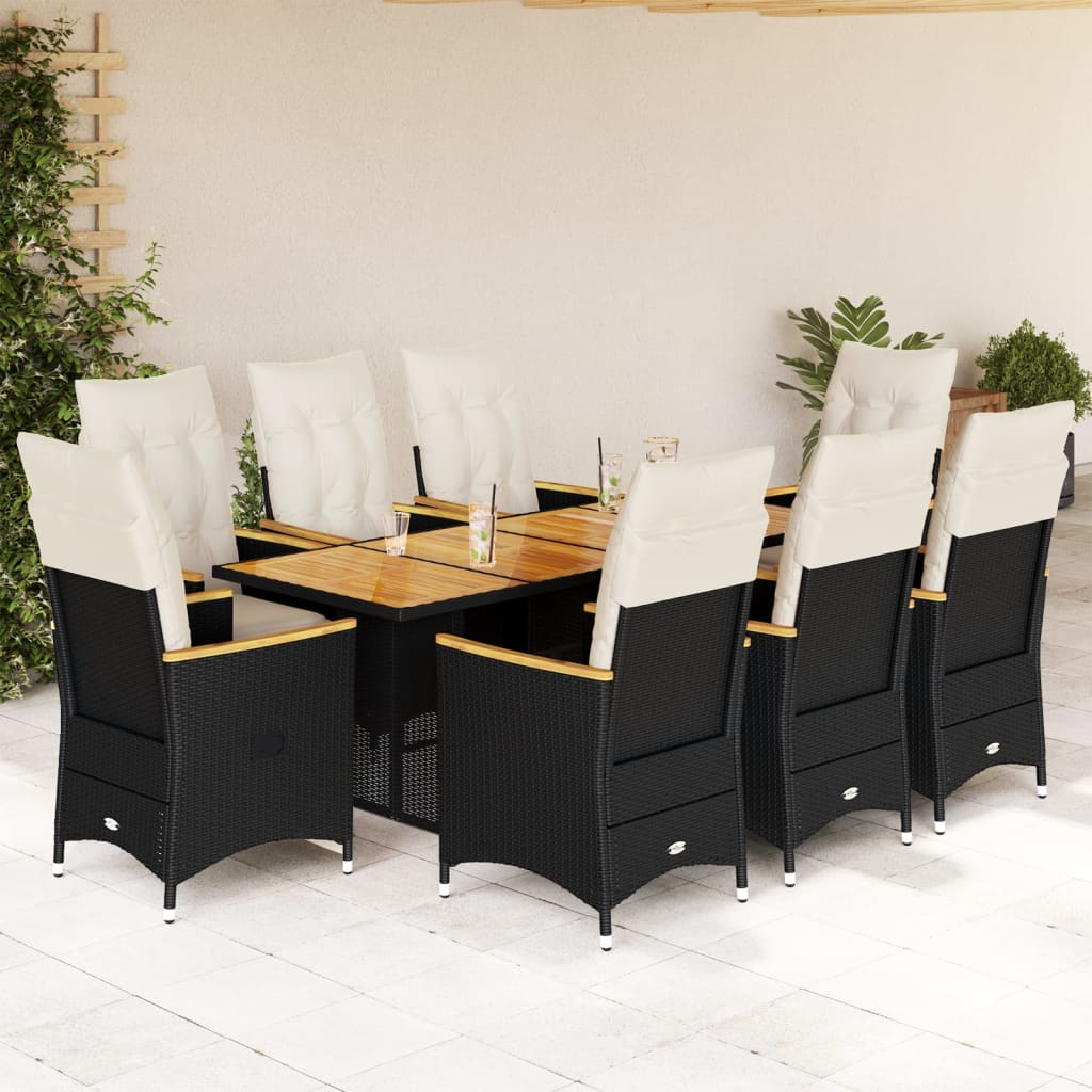 9 Piece Garden Bistro Set with Cushions Black Poly Rattan