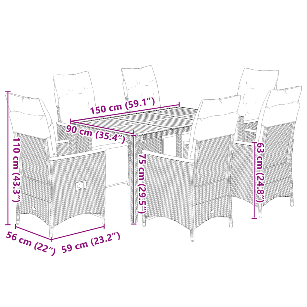 7 Piece Garden Bistro Set with Cushions Grey Poly Rattan