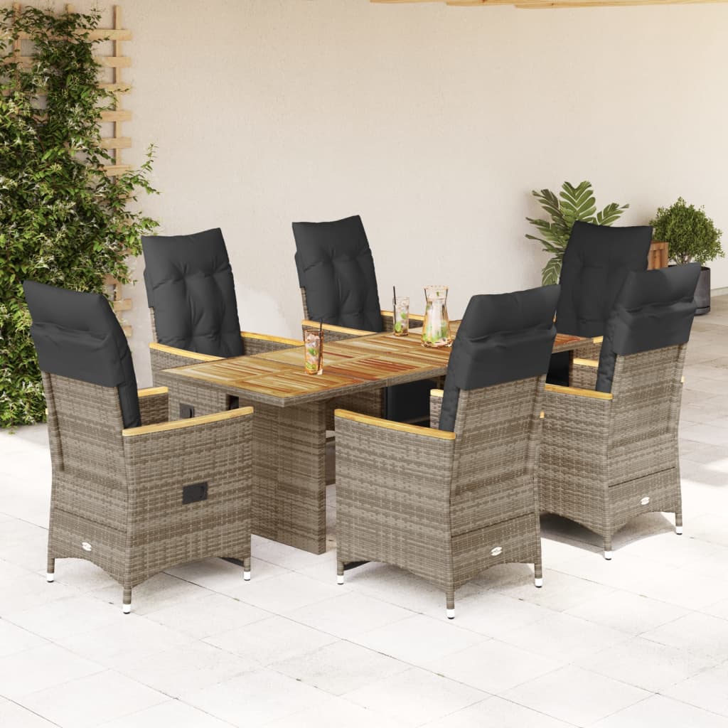 7 Piece Garden Bistro Set with Cushions Grey Poly Rattan