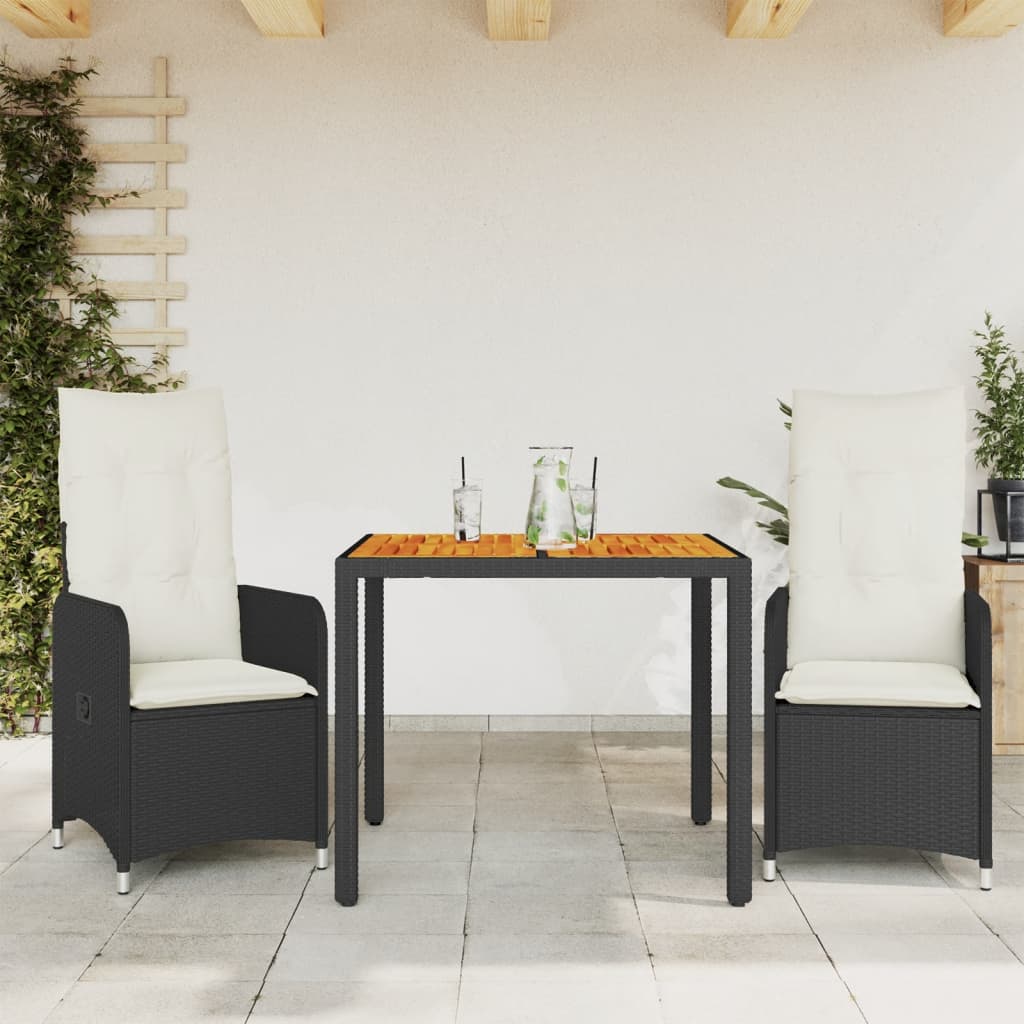 3 Piece Garden Bistro Set with Cushions Black Poly Rattan