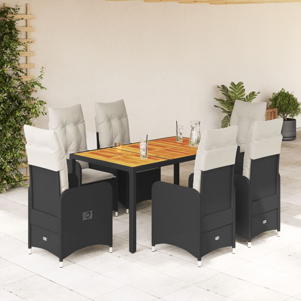 7 Piece Garden Bistro Set with Cushions Black Poly Rattan