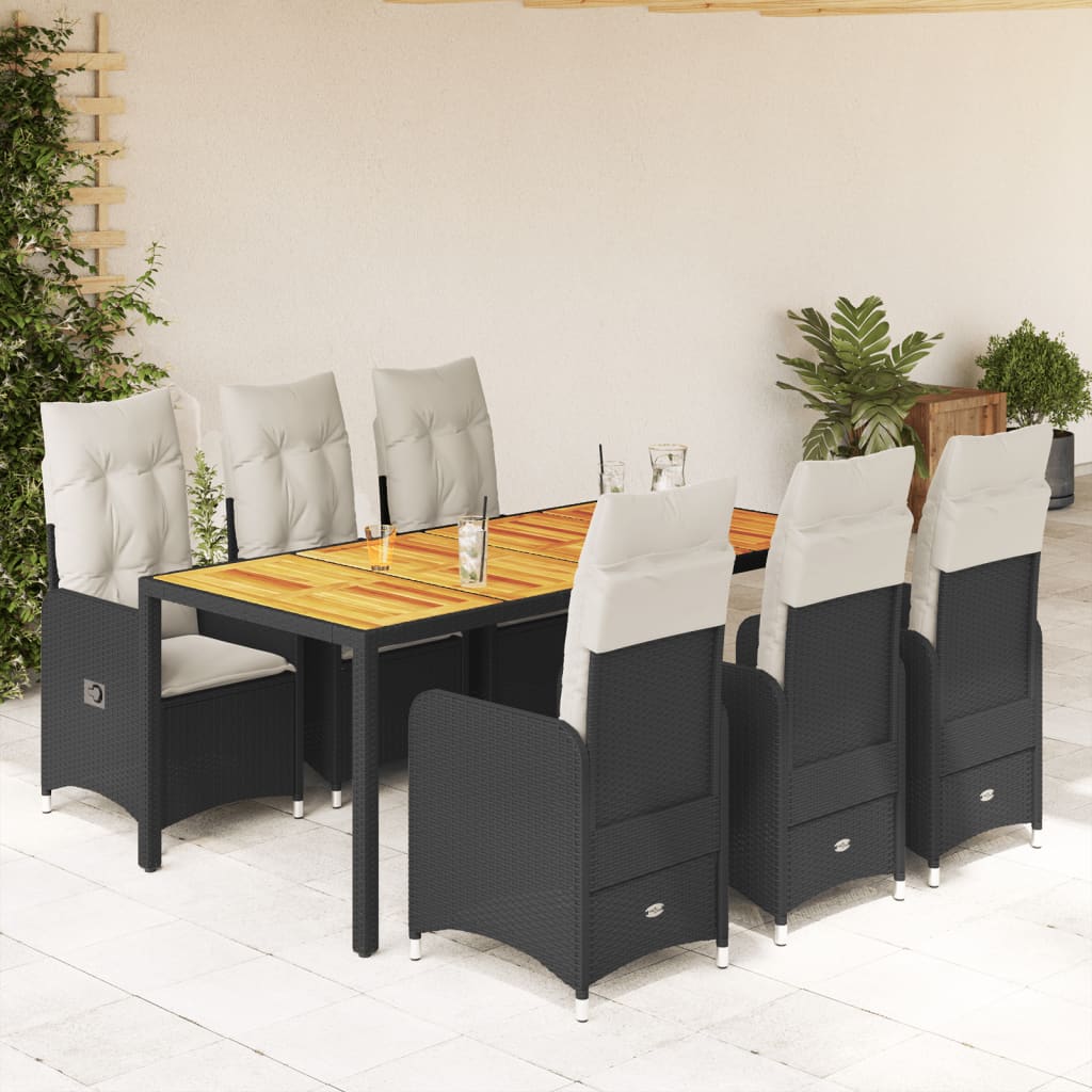 7 Piece Garden Bistro Set with Cushions Black Poly Rattan