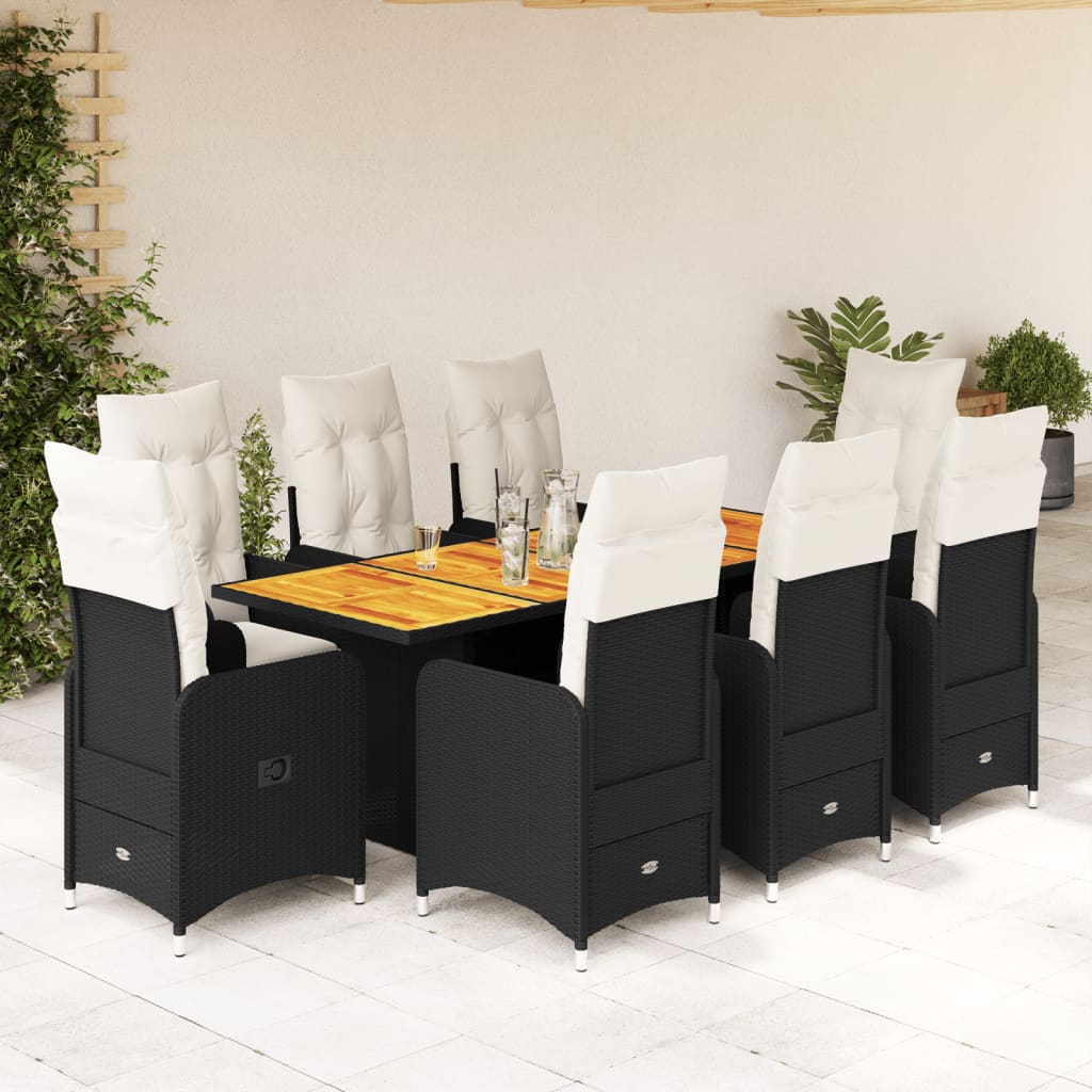 9 Piece Garden Bistro Set with Cushions Black Poly Rattan