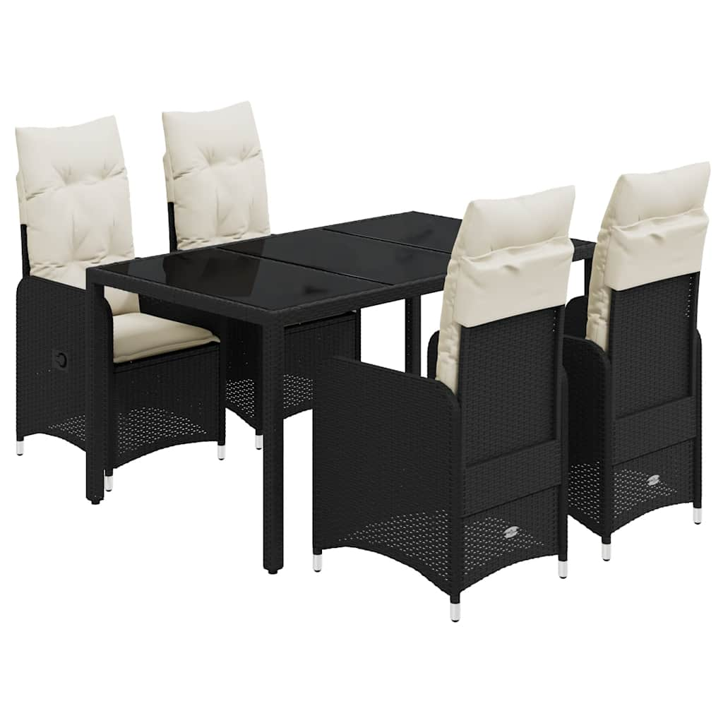 5 Piece Garden Bistro Set with Cushions Black Poly Rattan