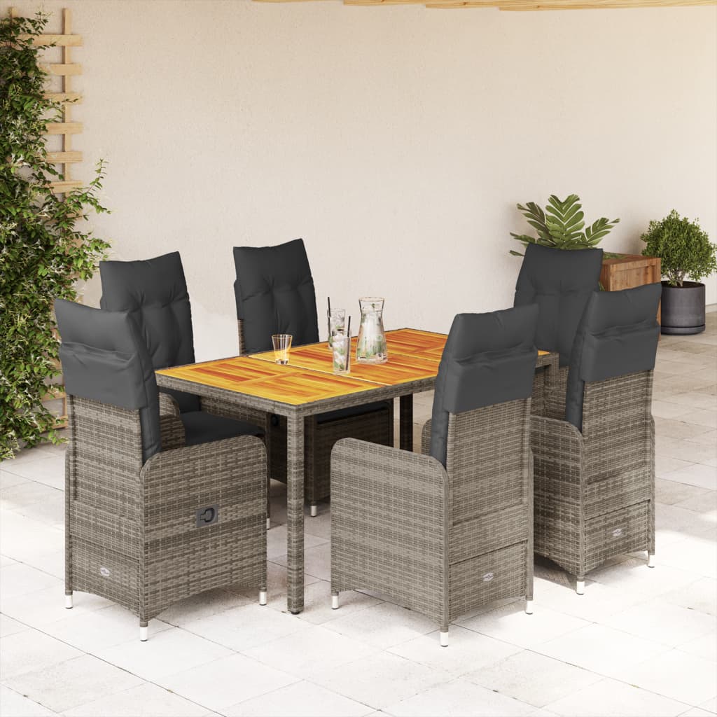 7 Piece Garden Bistro Set with Cushions Grey Poly Rattan