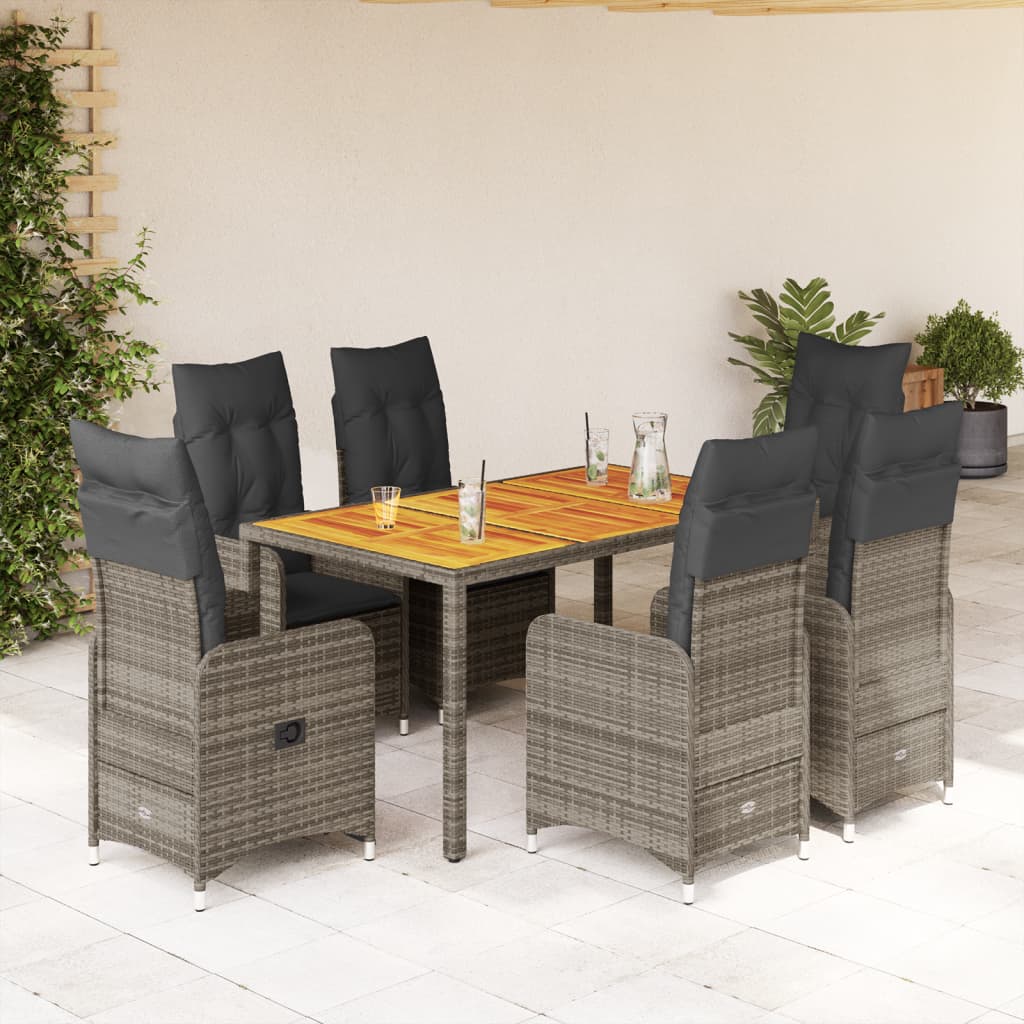 7 Piece Garden Bistro Set with Cushions Grey Poly Rattan