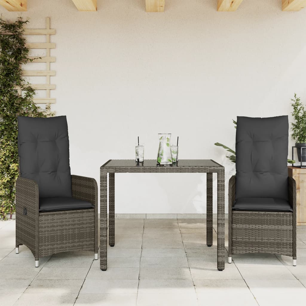 3 Piece Garden Bistro Set with Cushions Grey Poly Rattan