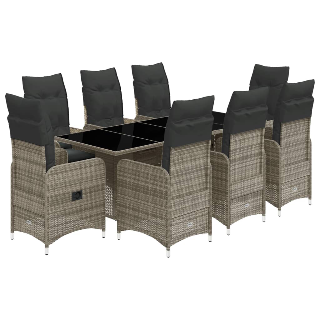 9 Piece Garden Bistro Set with Cushions Grey Poly Rattan