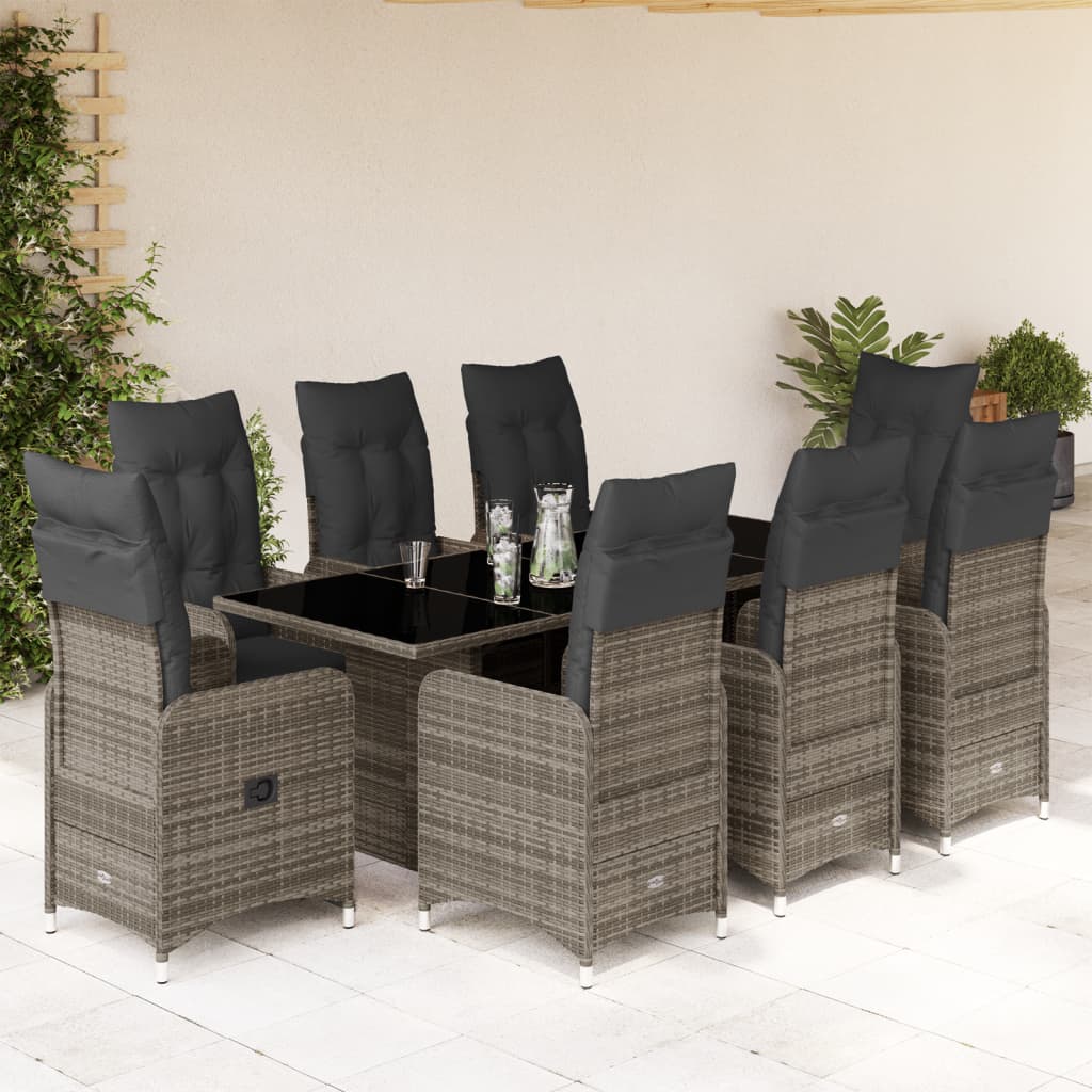 9 Piece Garden Bistro Set with Cushions Grey Poly Rattan