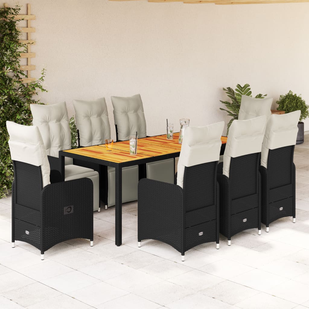 9 Piece Garden Bistro Set with Cushions Black Poly Rattan