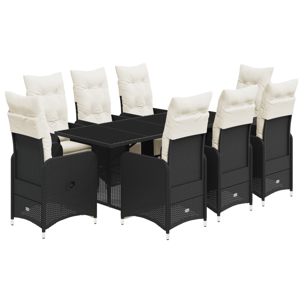 9 Piece Garden Bistro Set with Cushions Black Poly Rattan