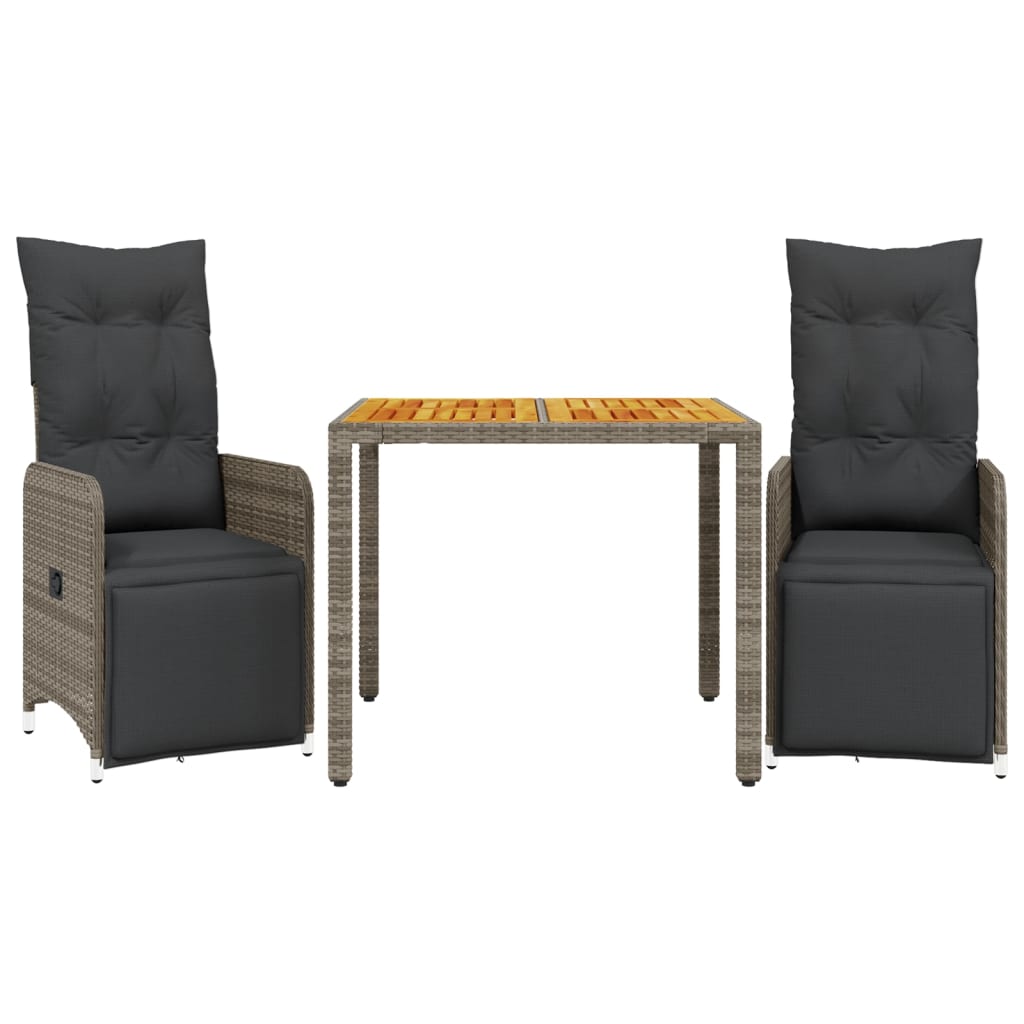 3 Piece Garden Bistro Set with Cushions Grey Poly Rattan