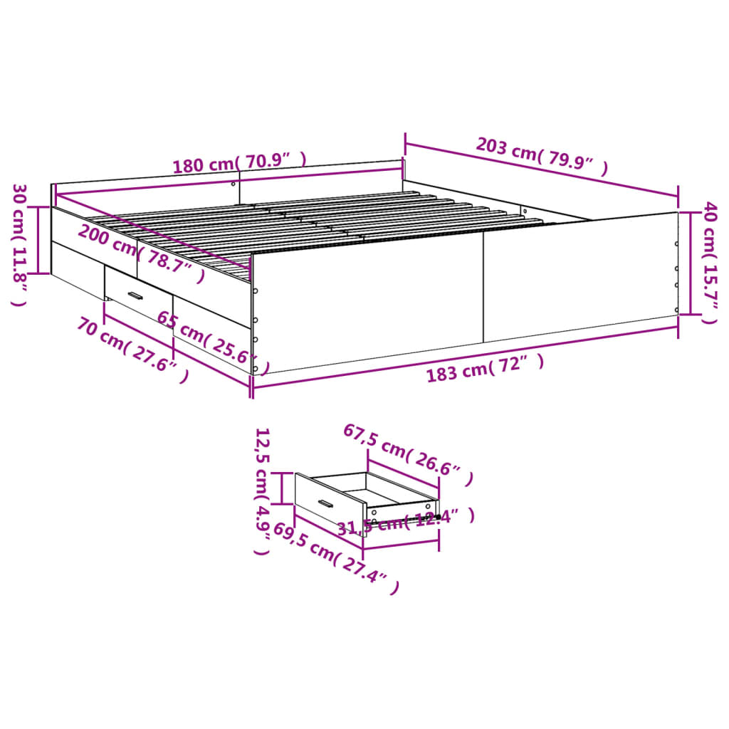 Bed Frame with Drawers without Mattress White 183x203 cm King