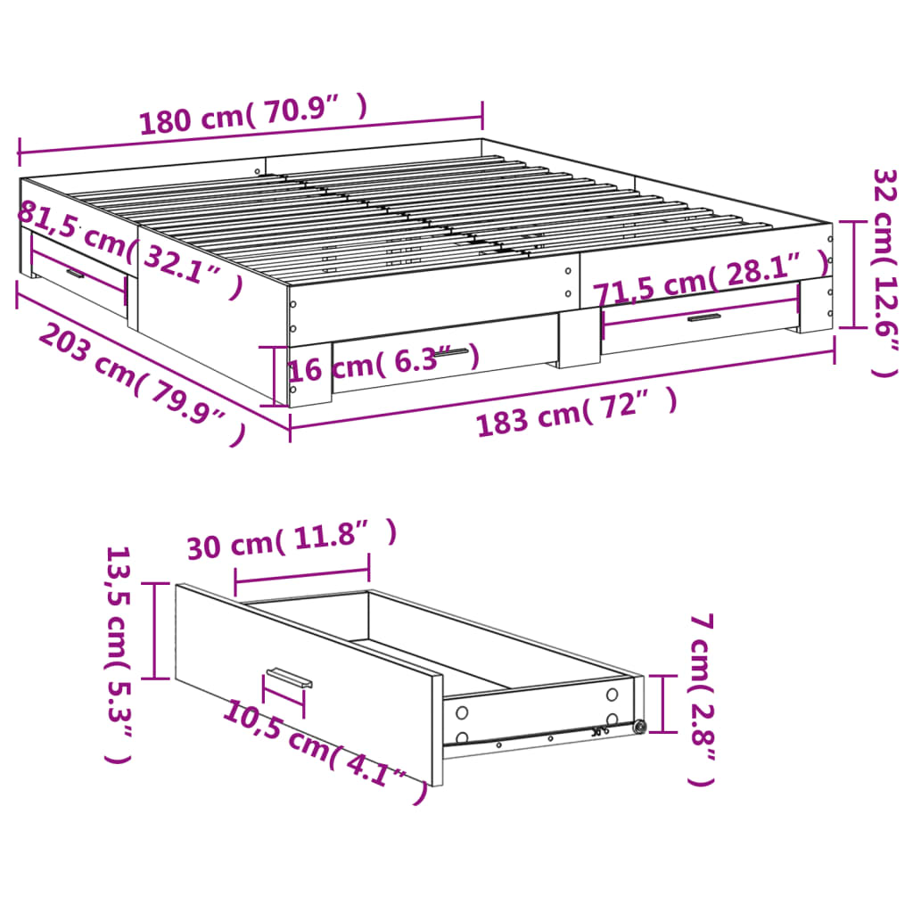 Bed Frame with Drawers without Mattress White 183x203 cm King