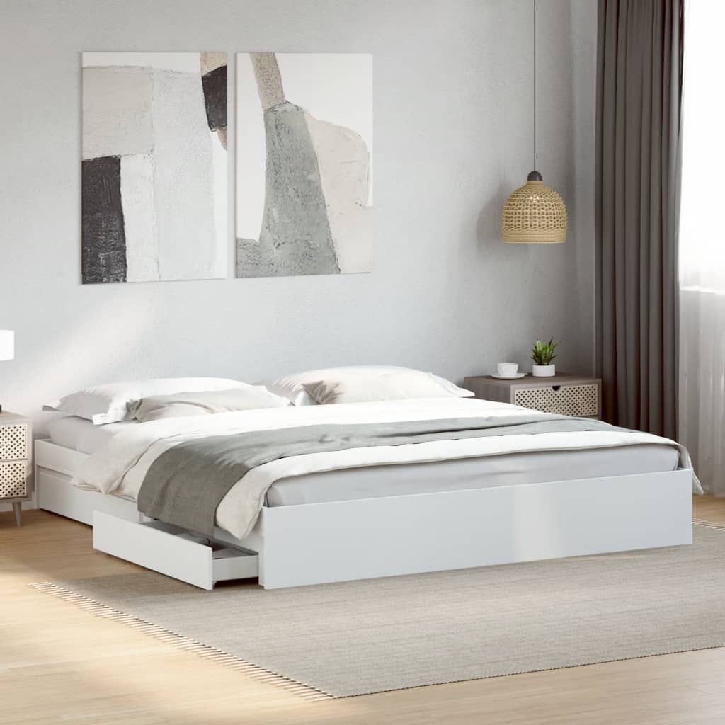 Bed Frame with Drawers without Mattress White 183x203 cm King