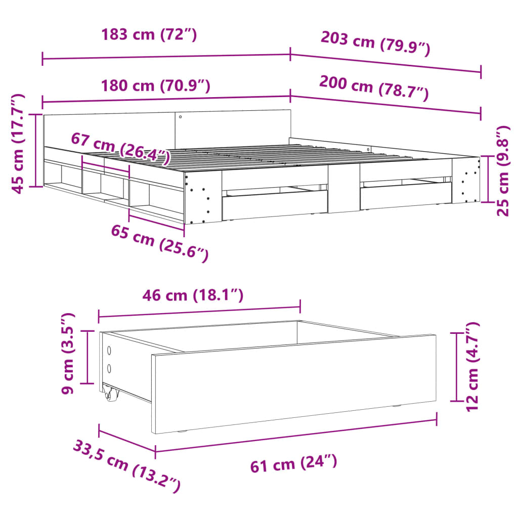 Bed Frame with Drawers without Mattress White 183x203 cm King