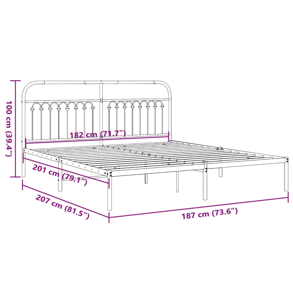 Metal Bed Frame without Mattress with Headboard Black 183x203 cm King