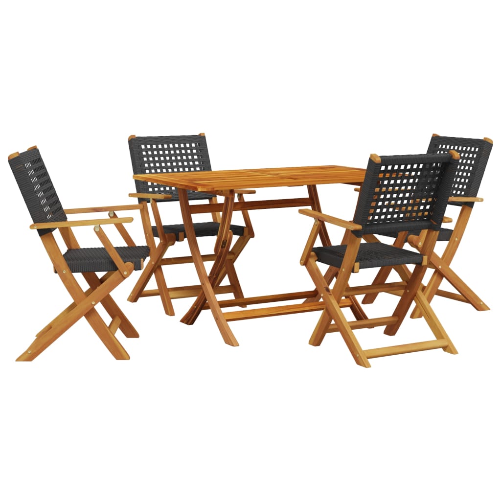 5 Piece Garden Dining Set Black Poly Rattan and Solid Wood