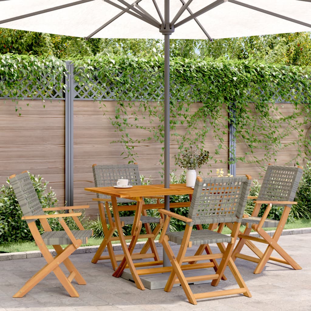 5 Piece Garden Dining Set Grey Poly Rattan and Solid Wood